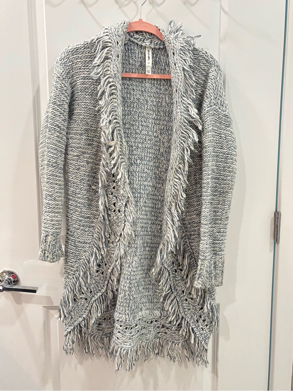 Cozy Fringe Open-Front Women's Sweater Cardigan - Blue & White